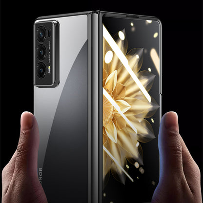 For Honor Magic V2 5G Clear Phone Case Electroplating PC Phone Cover with Tempered Glass Film (Support Fingerprint Unlock)
