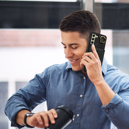 001 For Samsung Galaxy S21 FE 5G PU Leather+TPU Cover Card Holder Phone Case with Ring Kickstand