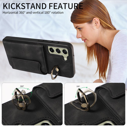 001 For Samsung Galaxy S21 FE 5G PU Leather+TPU Cover Card Holder Phone Case with Ring Kickstand