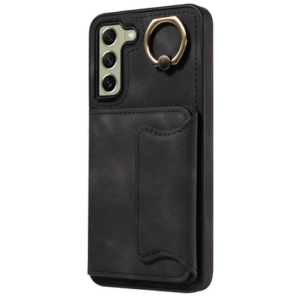 001 For Samsung Galaxy S21 FE 5G PU Leather+TPU Cover Card Holder Phone Case with Ring Kickstand