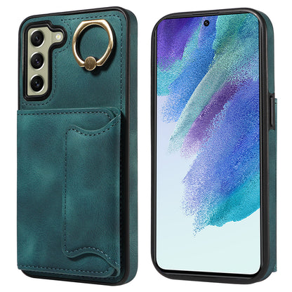 001 For Samsung Galaxy S21 FE 5G PU Leather+TPU Cover Card Holder Phone Case with Ring Kickstand