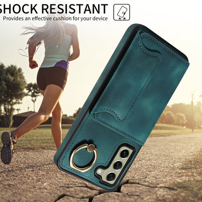 001 For Samsung Galaxy S21 FE 5G PU Leather+TPU Cover Card Holder Phone Case with Ring Kickstand