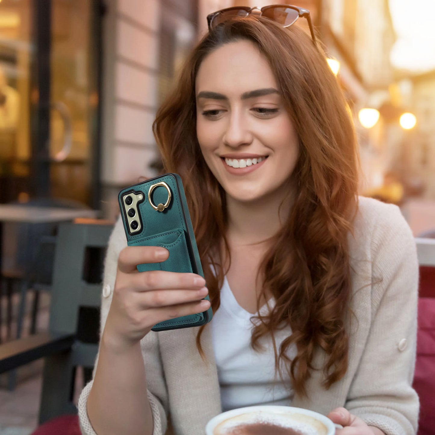 001 For Samsung Galaxy S21 FE 5G PU Leather+TPU Cover Card Holder Phone Case with Ring Kickstand