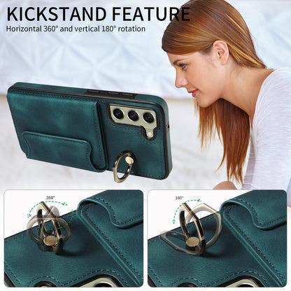 001 For Samsung Galaxy S21 FE 5G PU Leather+TPU Cover Card Holder Phone Case with Ring Kickstand