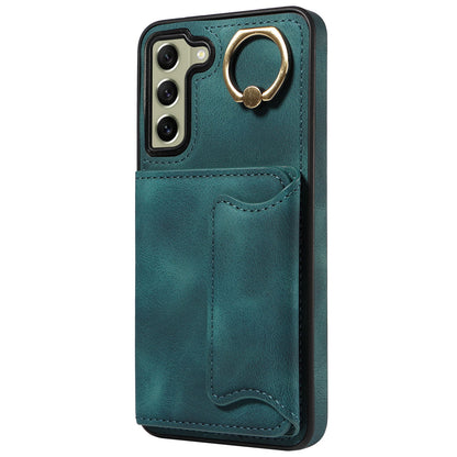 001 For Samsung Galaxy S21 FE 5G PU Leather+TPU Cover Card Holder Phone Case with Ring Kickstand
