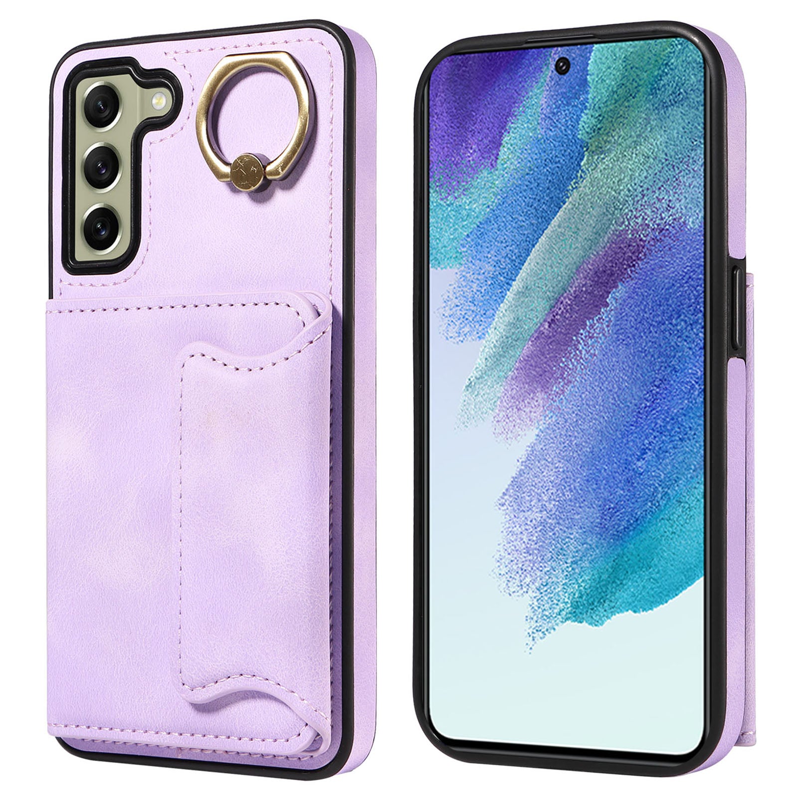 001 For Samsung Galaxy S21 FE 5G PU Leather+TPU Cover Card Holder Phone Case with Ring Kickstand