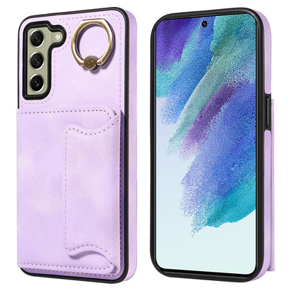 001 For Samsung Galaxy S21 FE 5G PU Leather+TPU Cover Card Holder Phone Case with Ring Kickstand