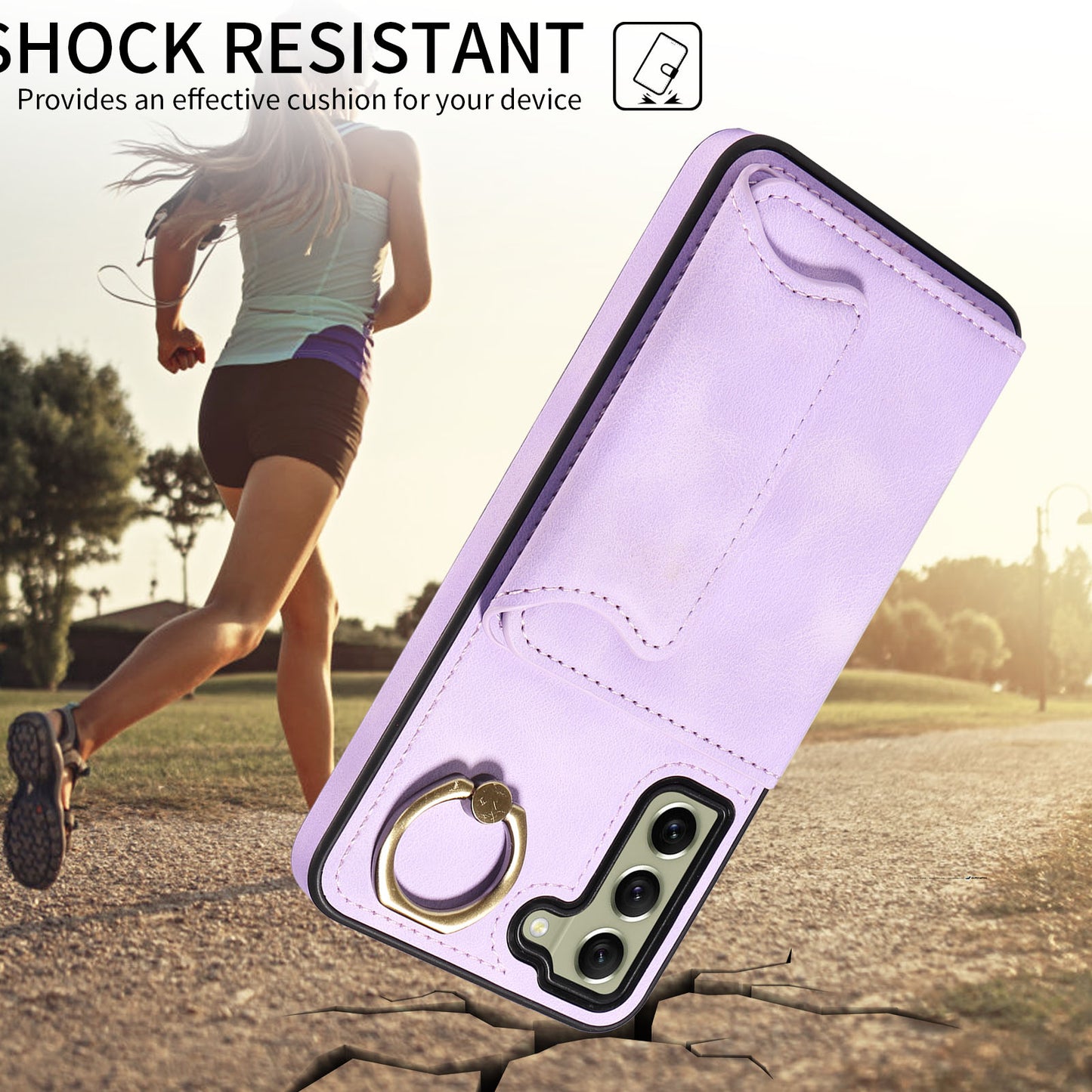 001 For Samsung Galaxy S21 FE 5G PU Leather+TPU Cover Card Holder Phone Case with Ring Kickstand