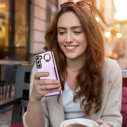 001 For Samsung Galaxy S21 FE 5G PU Leather+TPU Cover Card Holder Phone Case with Ring Kickstand