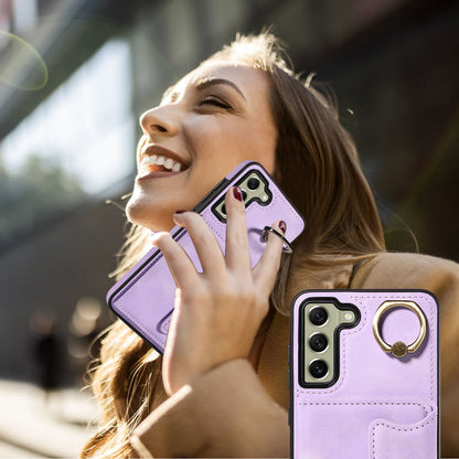 001 For Samsung Galaxy S21 FE 5G PU Leather+TPU Cover Card Holder Phone Case with Ring Kickstand