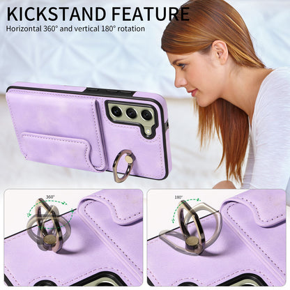001 For Samsung Galaxy S21 FE 5G PU Leather+TPU Cover Card Holder Phone Case with Ring Kickstand