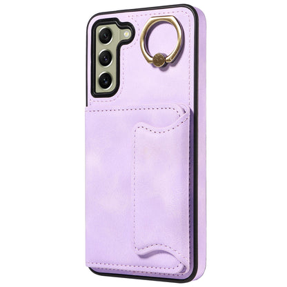 001 For Samsung Galaxy S21 FE 5G PU Leather+TPU Cover Card Holder Phone Case with Ring Kickstand