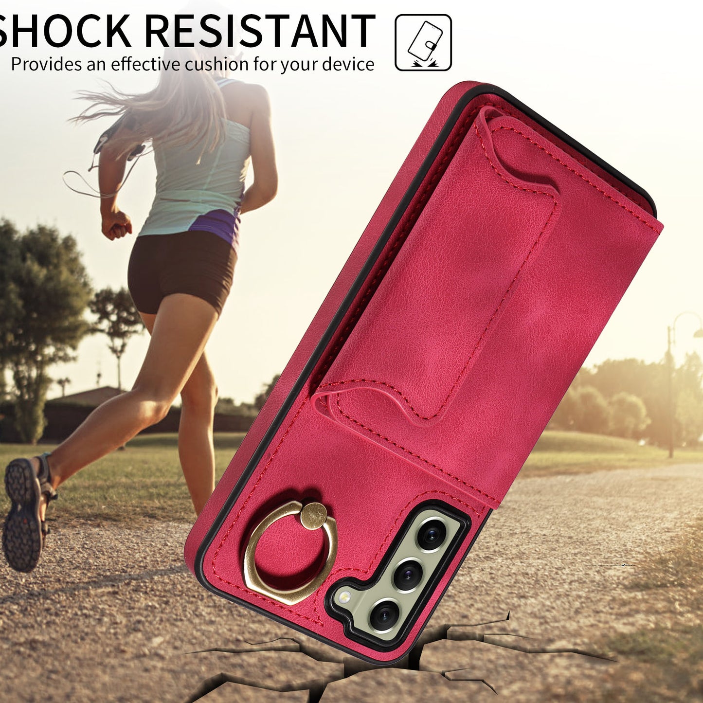 001 For Samsung Galaxy S21 FE 5G PU Leather+TPU Cover Card Holder Phone Case with Ring Kickstand