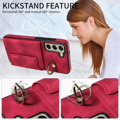 001 For Samsung Galaxy S21 FE 5G PU Leather+TPU Cover Card Holder Phone Case with Ring Kickstand