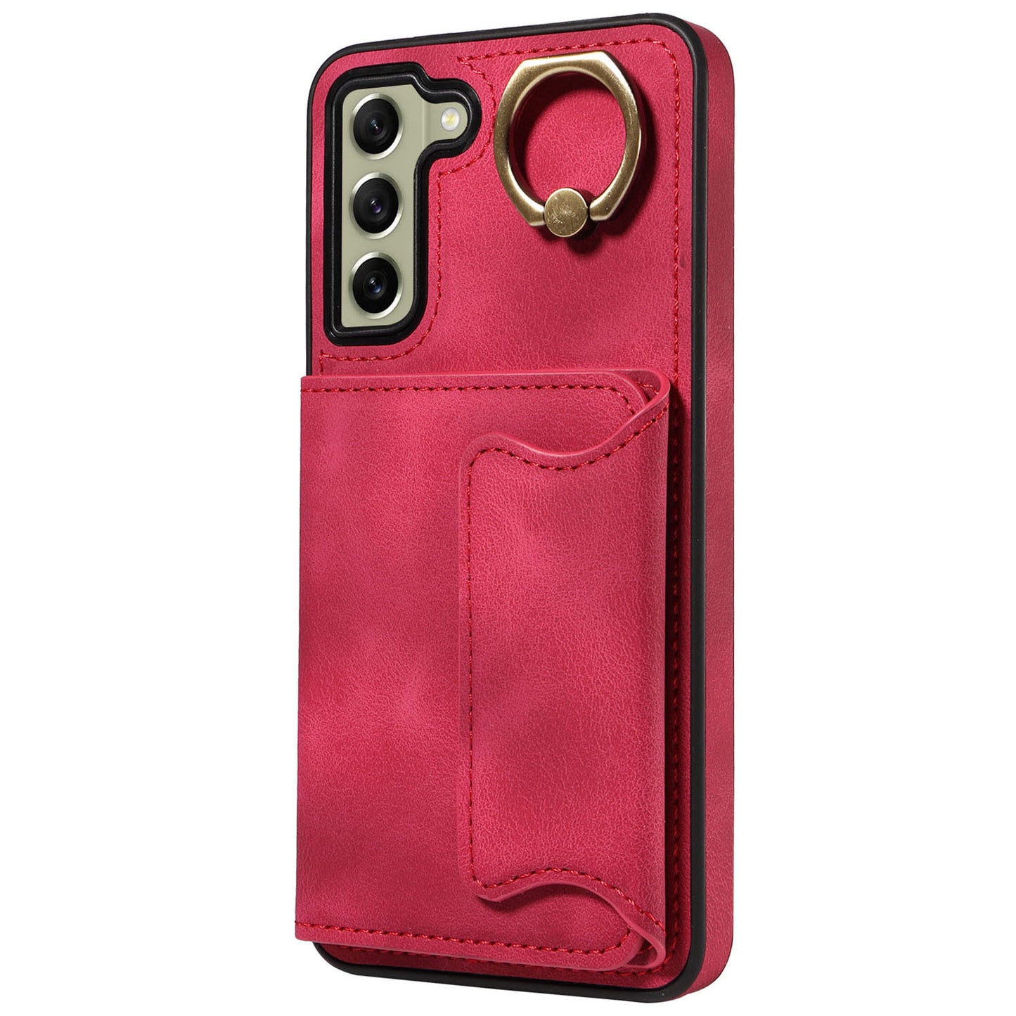 001 For Samsung Galaxy S21 FE 5G PU Leather+TPU Cover Card Holder Phone Case with Ring Kickstand