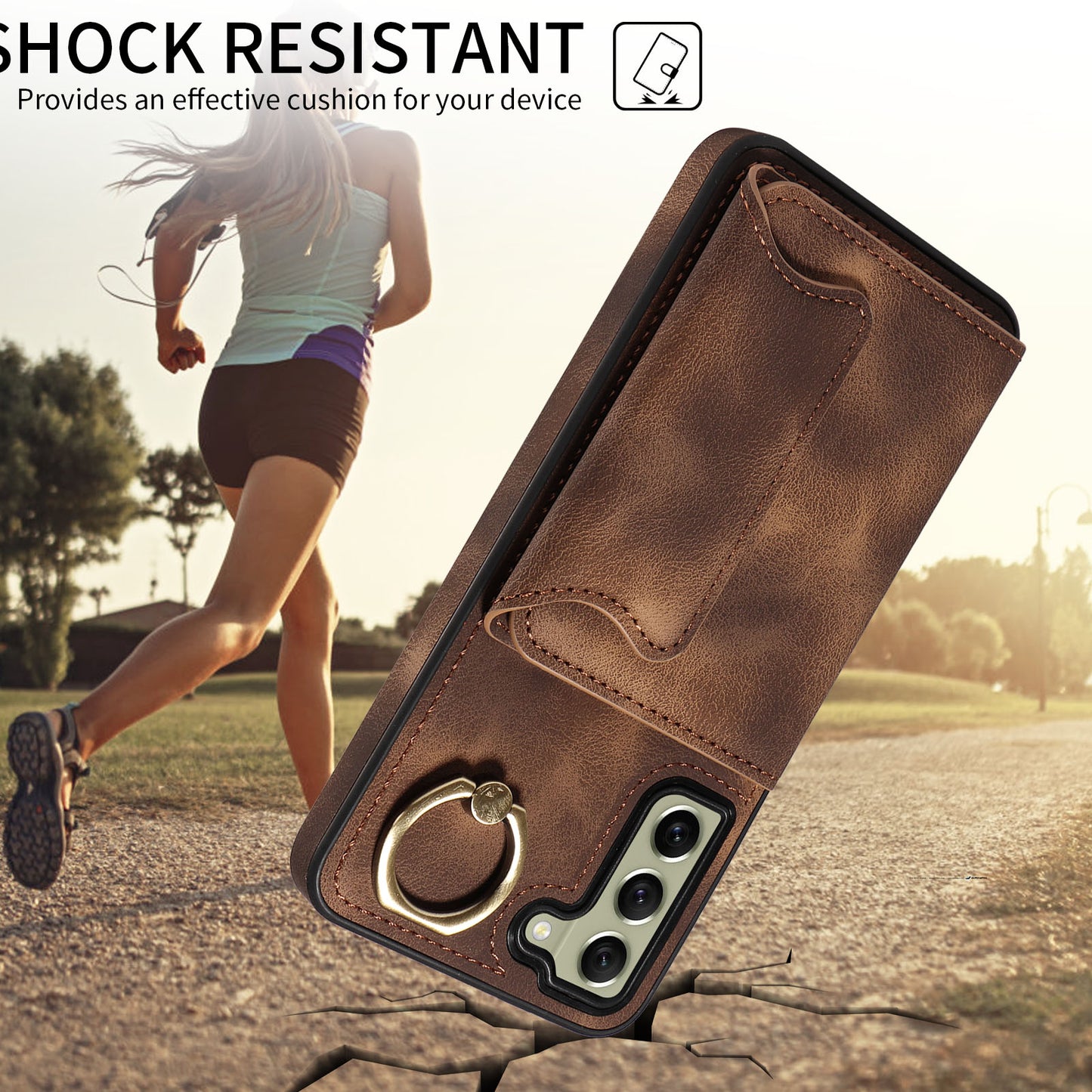 001 For Samsung Galaxy S21 FE 5G PU Leather+TPU Cover Card Holder Phone Case with Ring Kickstand