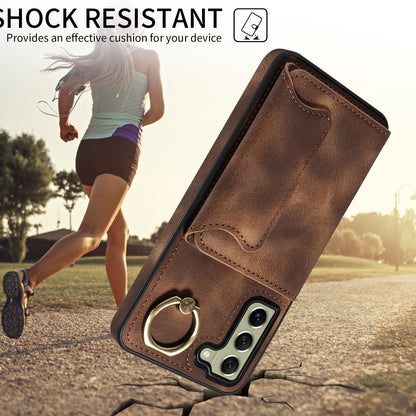 001 For Samsung Galaxy S21 FE 5G PU Leather+TPU Cover Card Holder Phone Case with Ring Kickstand