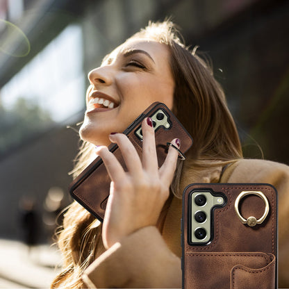 001 For Samsung Galaxy S21 FE 5G PU Leather+TPU Cover Card Holder Phone Case with Ring Kickstand