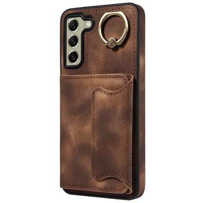 001 For Samsung Galaxy S21 FE 5G PU Leather+TPU Cover Card Holder Phone Case with Ring Kickstand