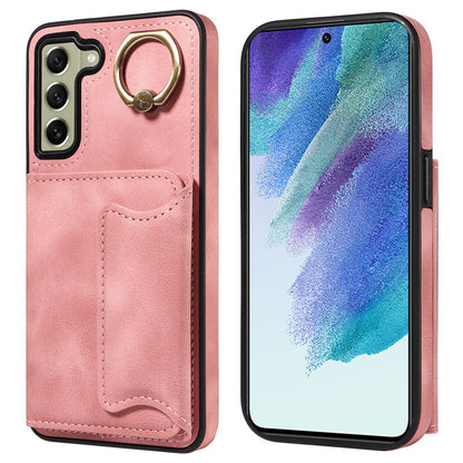 001 For Samsung Galaxy S21 FE 5G PU Leather+TPU Cover Card Holder Phone Case with Ring Kickstand