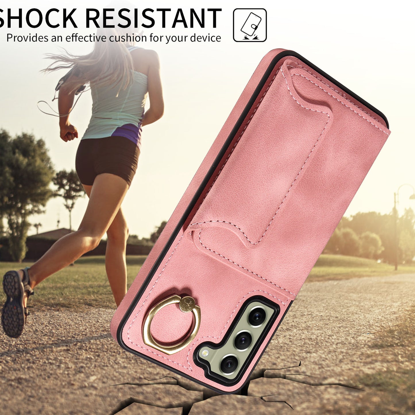 001 For Samsung Galaxy S21 FE 5G PU Leather+TPU Cover Card Holder Phone Case with Ring Kickstand