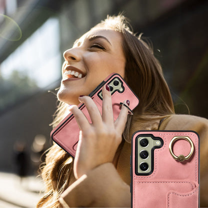 001 For Samsung Galaxy S21 FE 5G PU Leather+TPU Cover Card Holder Phone Case with Ring Kickstand