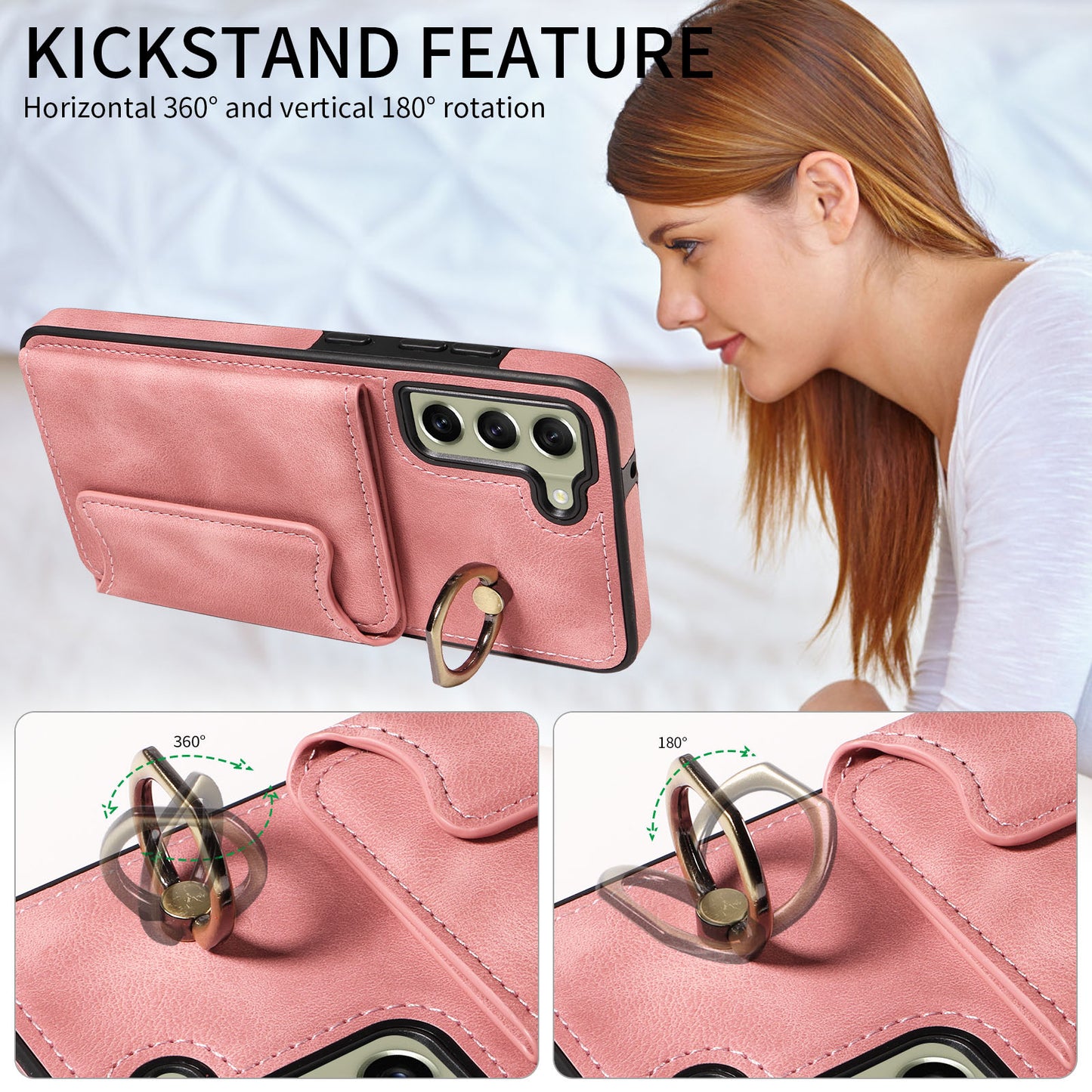 001 For Samsung Galaxy S21 FE 5G PU Leather+TPU Cover Card Holder Phone Case with Ring Kickstand