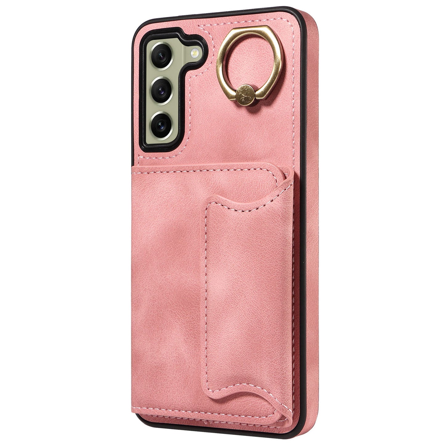 001 For Samsung Galaxy S21 FE 5G PU Leather+TPU Cover Card Holder Phone Case with Ring Kickstand