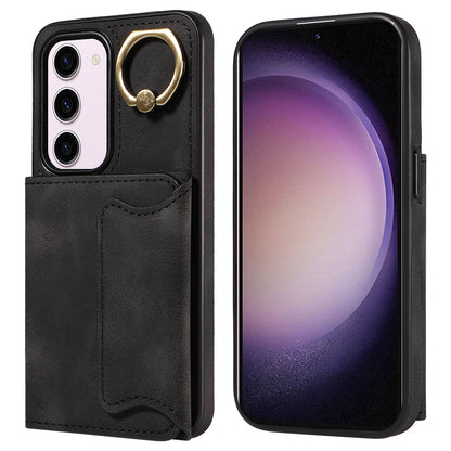 001 PU Leather+TPU Back Cover for Samsung Galaxy S23 Ring Kickstand Phone Case with Card Holder
