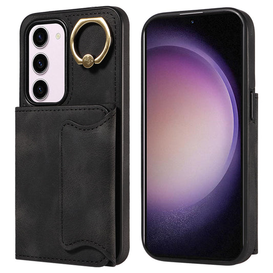 001 PU Leather+TPU Back Cover for Samsung Galaxy S23 Ring Kickstand Phone Case with Card Holder
