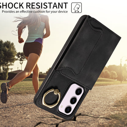 001 PU Leather+TPU Back Cover for Samsung Galaxy S23 Ring Kickstand Phone Case with Card Holder