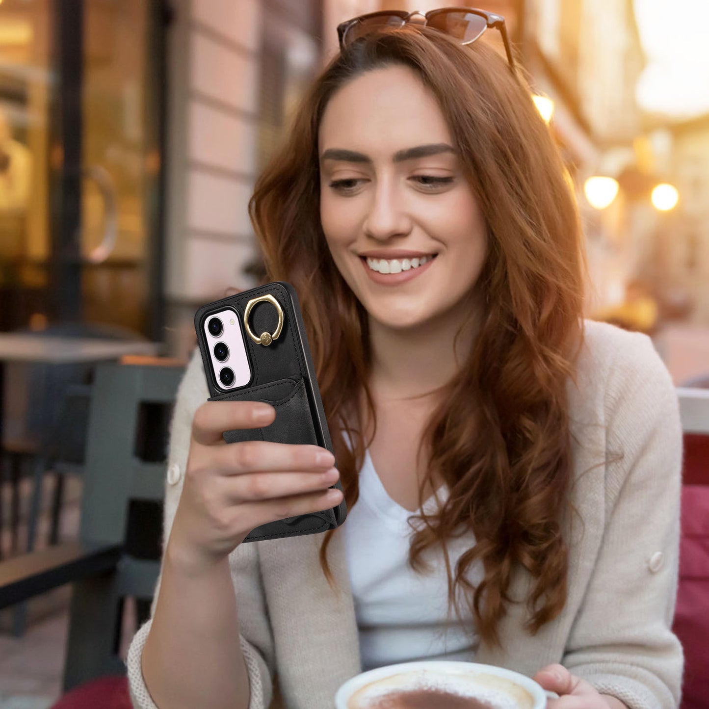 001 PU Leather+TPU Back Cover for Samsung Galaxy S23 Ring Kickstand Phone Case with Card Holder