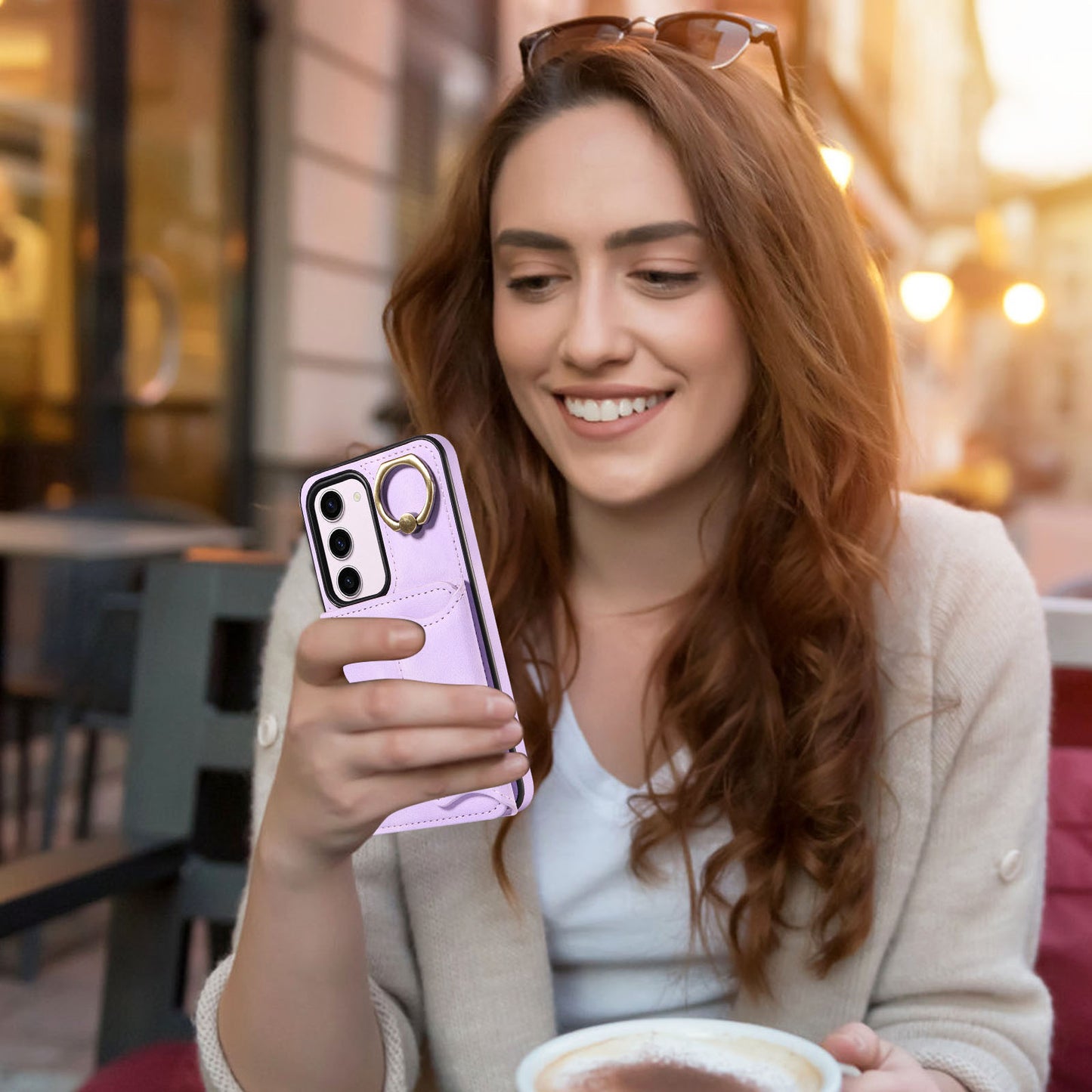 001 PU Leather+TPU Back Cover for Samsung Galaxy S23 Ring Kickstand Phone Case with Card Holder