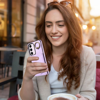 001 PU Leather+TPU Back Cover for Samsung Galaxy S23 Ring Kickstand Phone Case with Card Holder