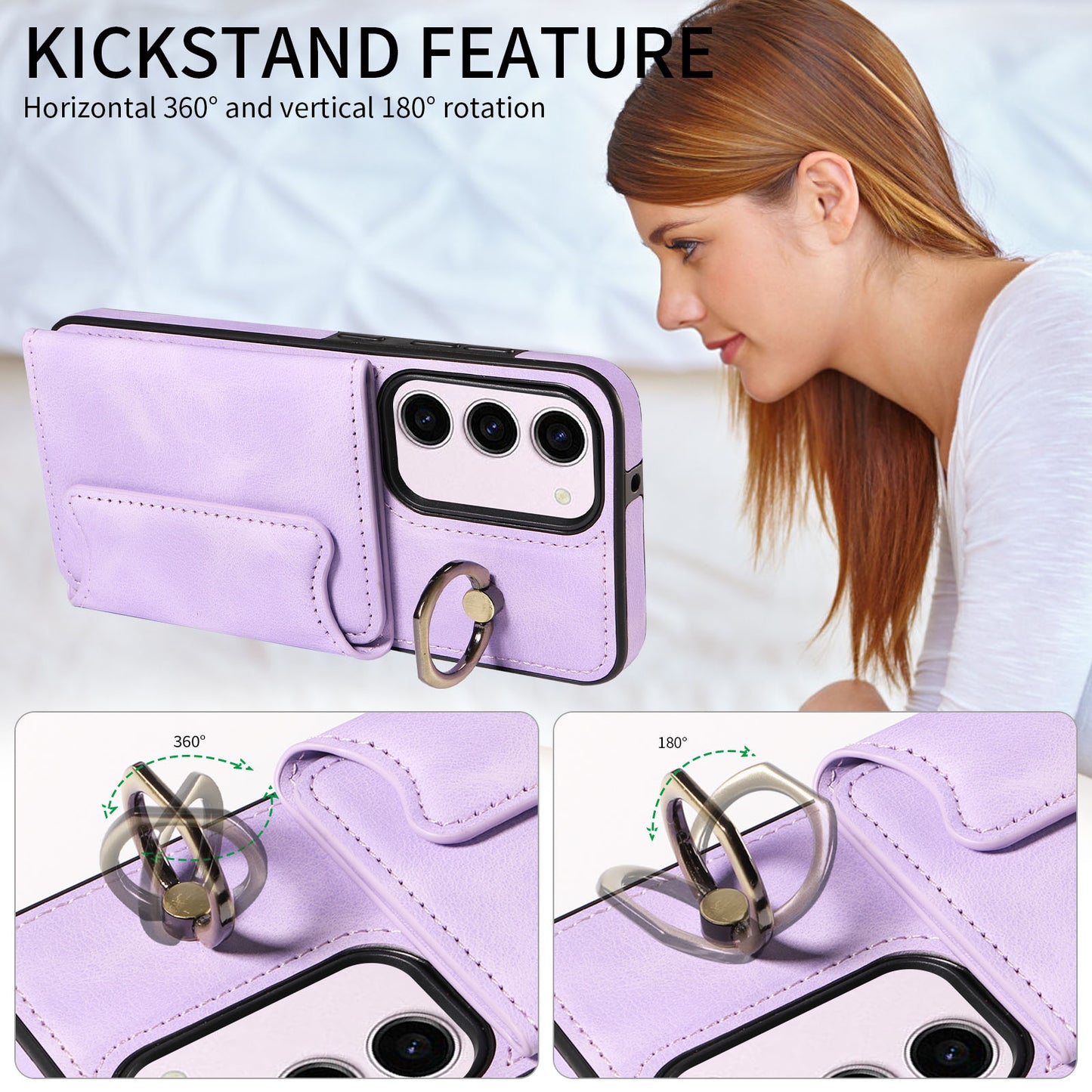 001 PU Leather+TPU Back Cover for Samsung Galaxy S23 Ring Kickstand Phone Case with Card Holder