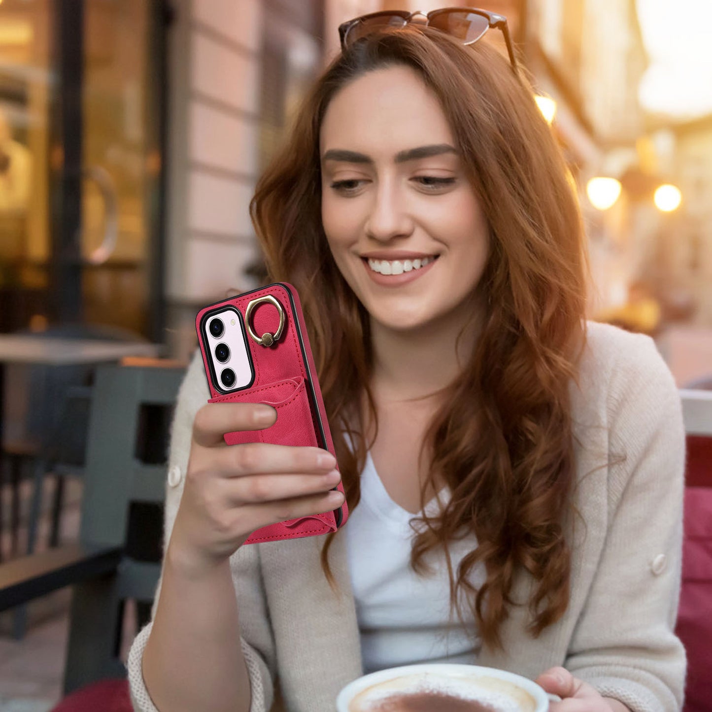 001 PU Leather+TPU Back Cover for Samsung Galaxy S23 Ring Kickstand Phone Case with Card Holder