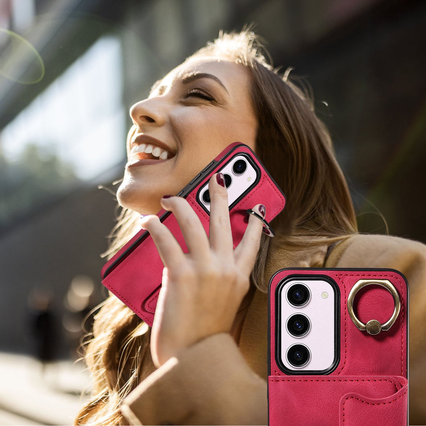 001 PU Leather+TPU Back Cover for Samsung Galaxy S23 Ring Kickstand Phone Case with Card Holder