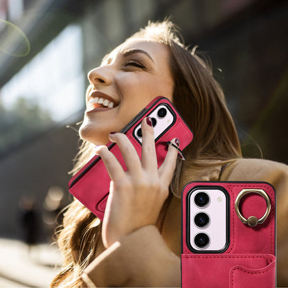 001 PU Leather+TPU Back Cover for Samsung Galaxy S23 Ring Kickstand Phone Case with Card Holder