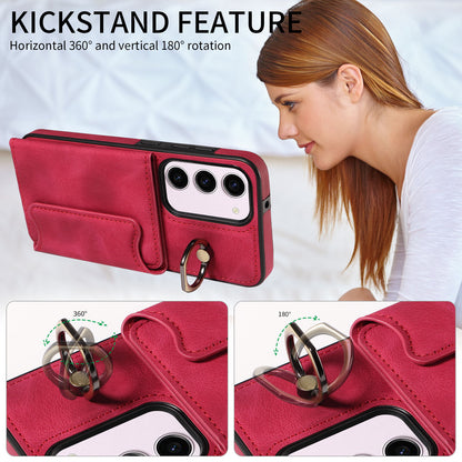 001 PU Leather+TPU Back Cover for Samsung Galaxy S23 Ring Kickstand Phone Case with Card Holder