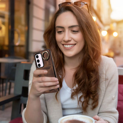 001 PU Leather+TPU Back Cover for Samsung Galaxy S23 Ring Kickstand Phone Case with Card Holder