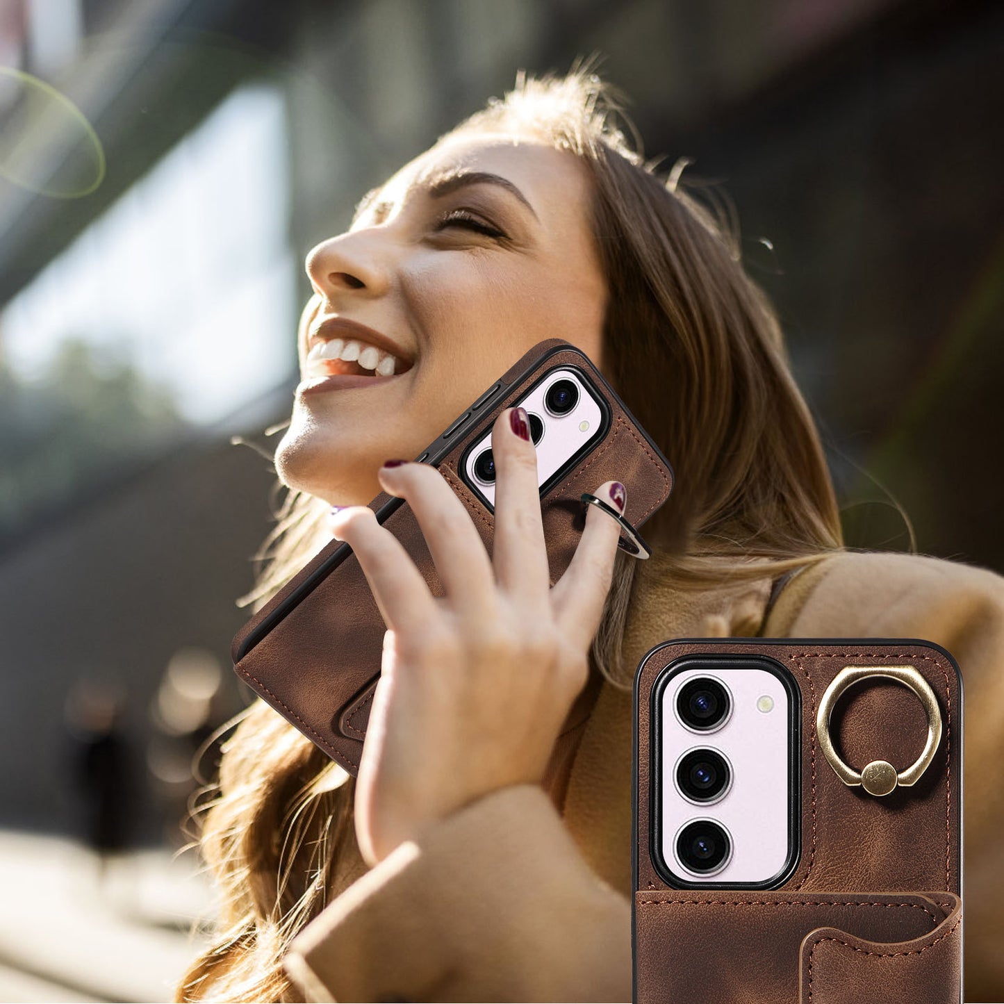 001 PU Leather+TPU Back Cover for Samsung Galaxy S23 Ring Kickstand Phone Case with Card Holder