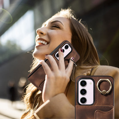 001 PU Leather+TPU Back Cover for Samsung Galaxy S23 Ring Kickstand Phone Case with Card Holder