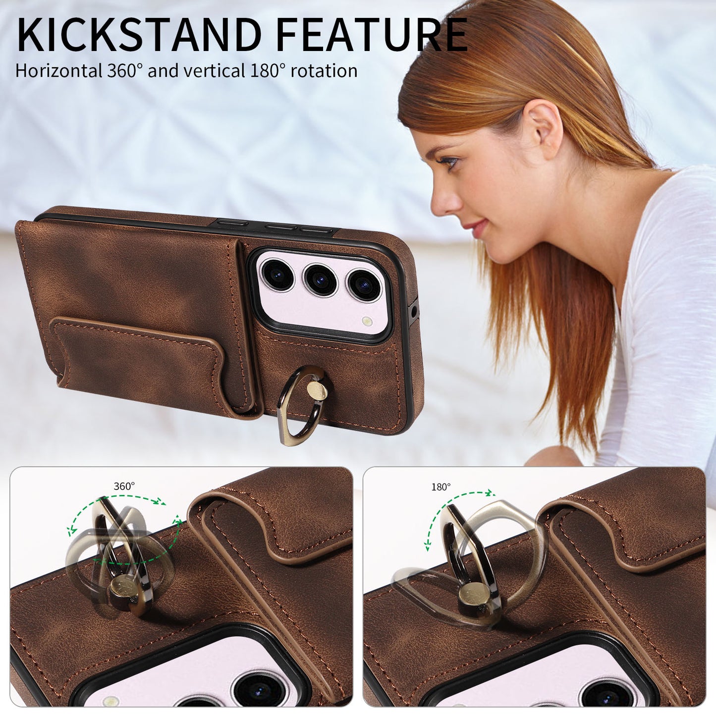 001 PU Leather+TPU Back Cover for Samsung Galaxy S23 Ring Kickstand Phone Case with Card Holder