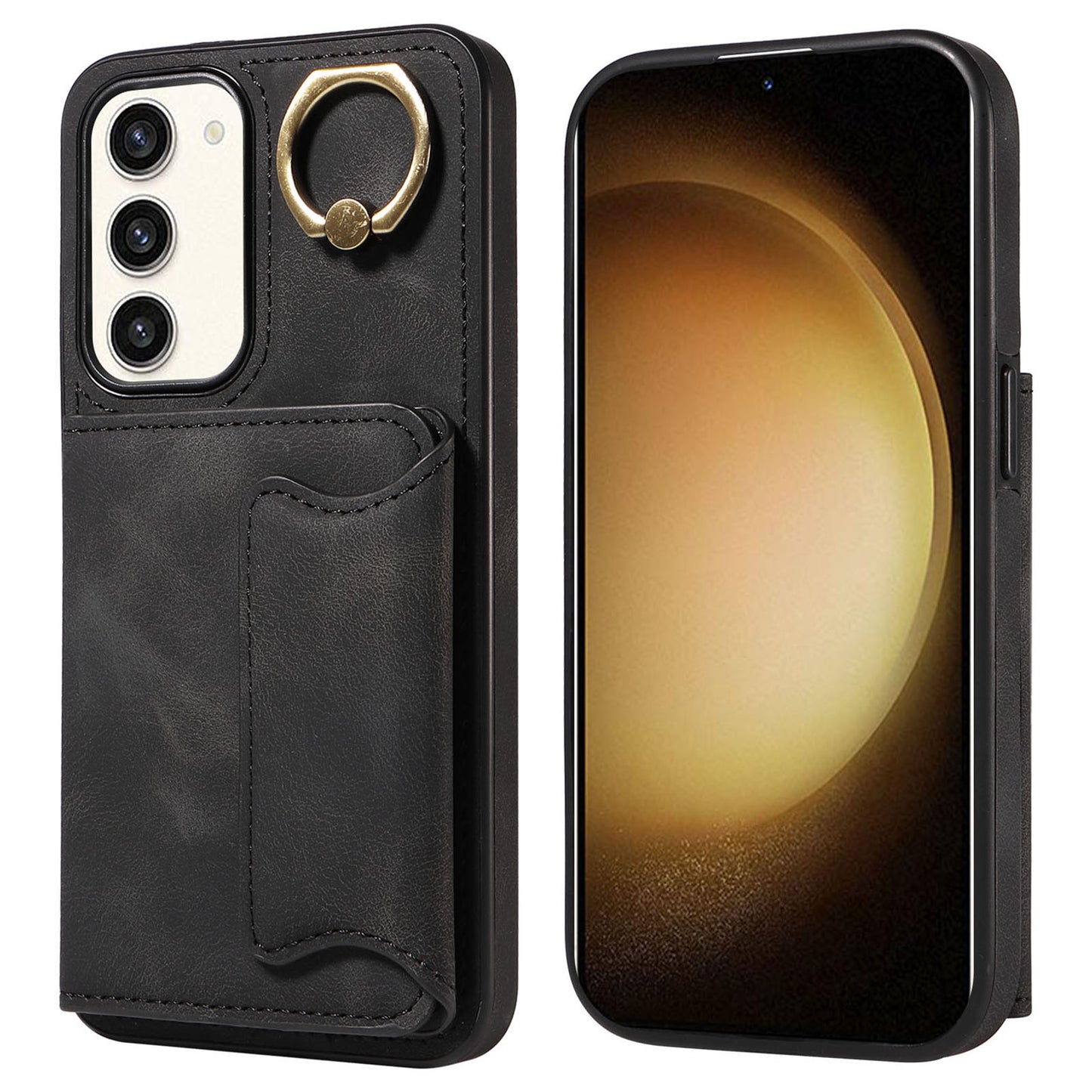 001 For Samsung Galaxy S23+ Card Holder Back Cover Ring Kickstand PU Leather Coated TPU Phone Case