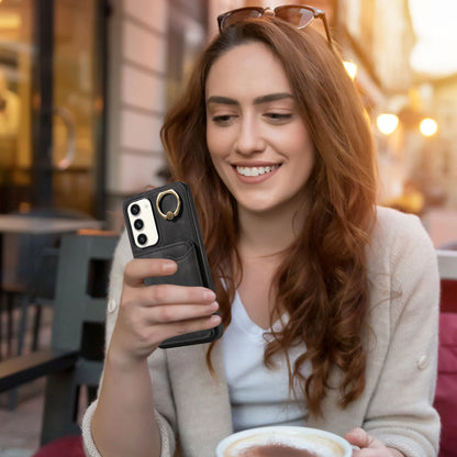 001 For Samsung Galaxy S23+ Card Holder Back Cover Ring Kickstand PU Leather Coated TPU Phone Case