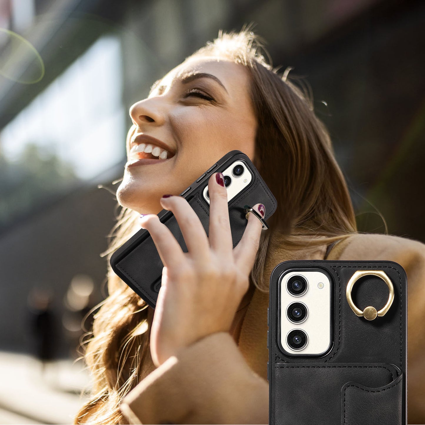 001 For Samsung Galaxy S23+ Card Holder Back Cover Ring Kickstand PU Leather Coated TPU Phone Case