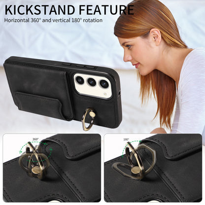001 For Samsung Galaxy S23+ Card Holder Back Cover Ring Kickstand PU Leather Coated TPU Phone Case