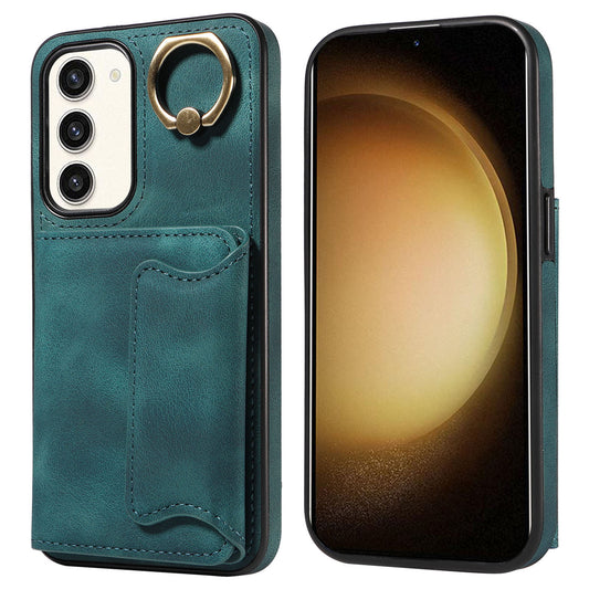 001 For Samsung Galaxy S23+ Card Holder Back Cover Ring Kickstand PU Leather Coated TPU Phone Case