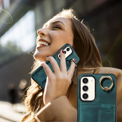 001 For Samsung Galaxy S23+ Card Holder Back Cover Ring Kickstand PU Leather Coated TPU Phone Case