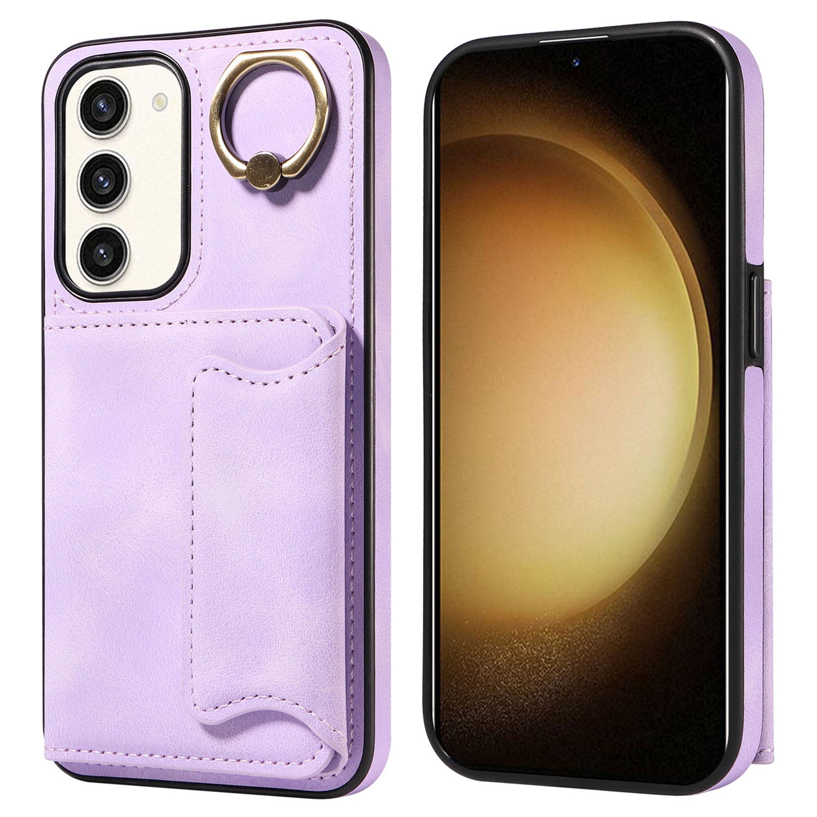 001 For Samsung Galaxy S23+ Card Holder Back Cover Ring Kickstand PU Leather Coated TPU Phone Case